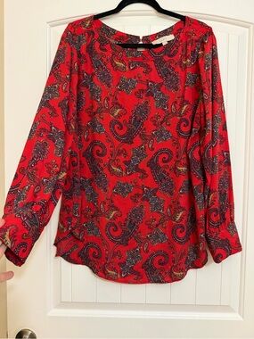 LOFT Vibrant Red Paisley Button Cuff Long-Sleeve Blouse Sz XL